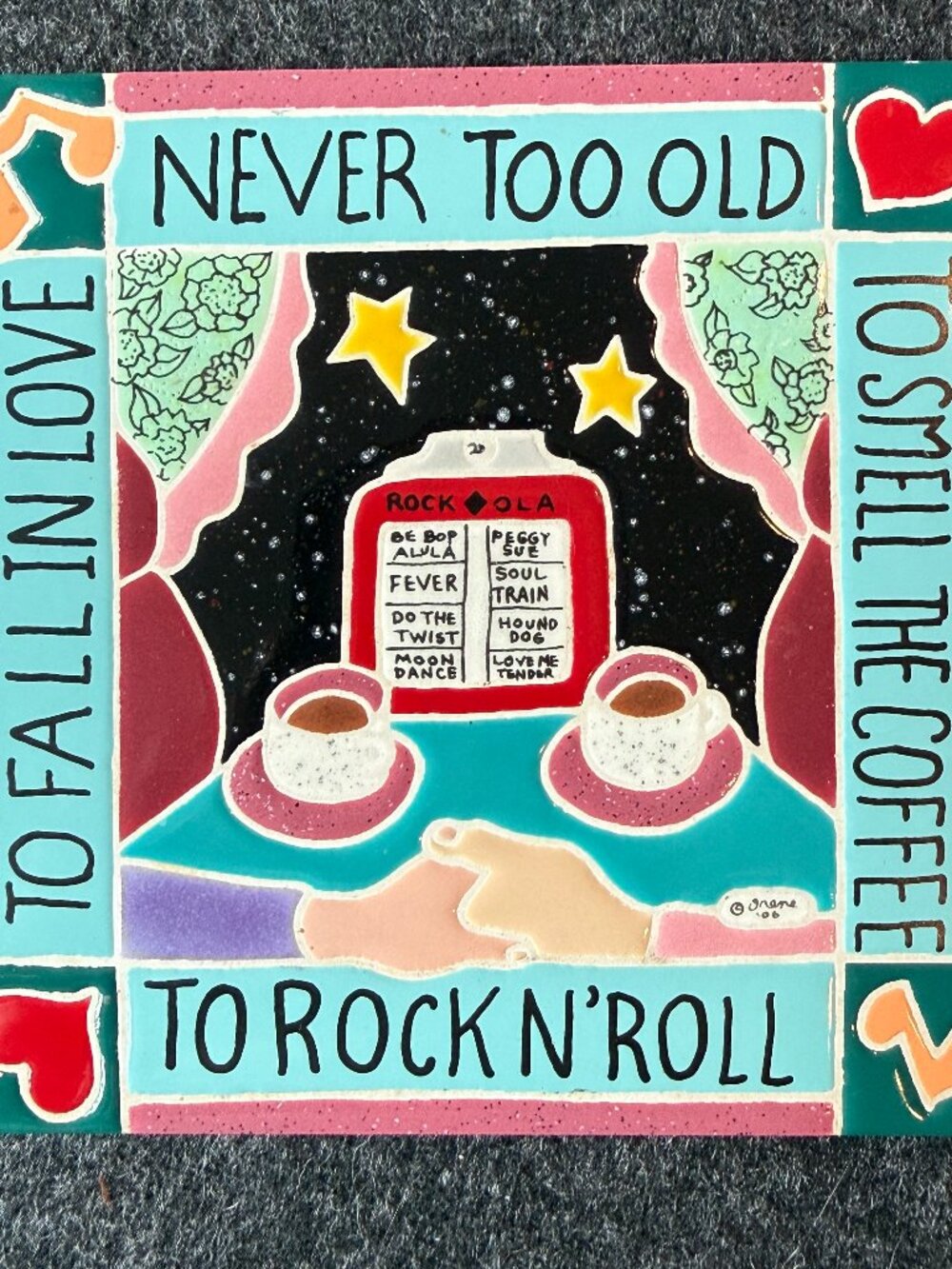Irene's Tiles Hand Painted Ceramic Tile Rock N Roll Coffee Wall Art Trivet